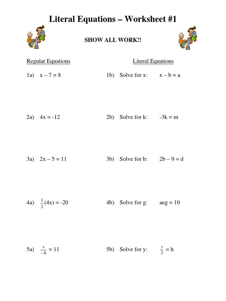 Literal Equations Worksheet Answers Literal Equations Ws area