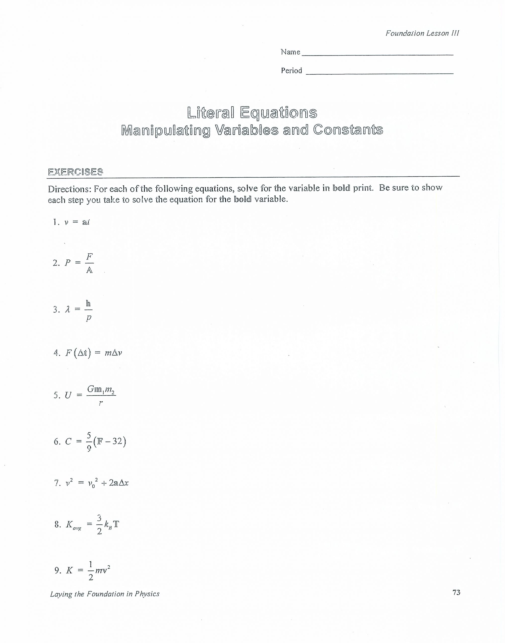 Literal Equations Worksheet Answers Ze 4370] Physics Fall 2011 Ms Foxlent Wiring Diagram