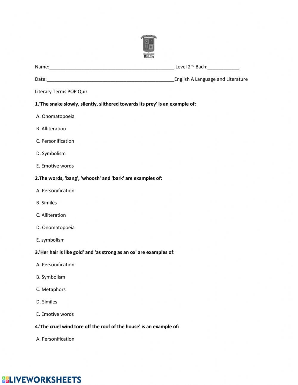 Literary Devices Worksheet Pdf some Literary Devices Interactive Worksheet