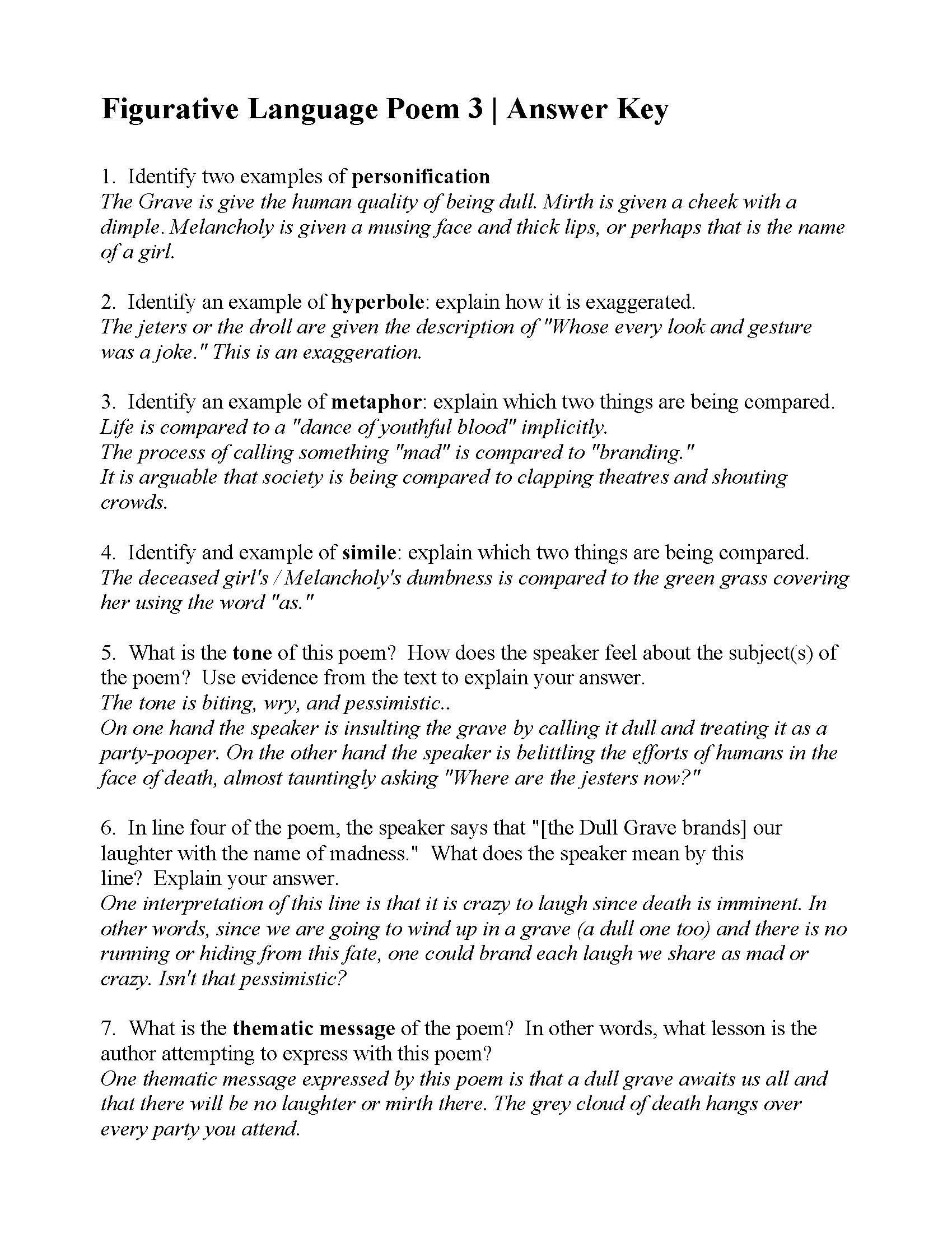 Literary Devices Worksheet Pdf This is the Answer Key for the Figurative Language Poem 3