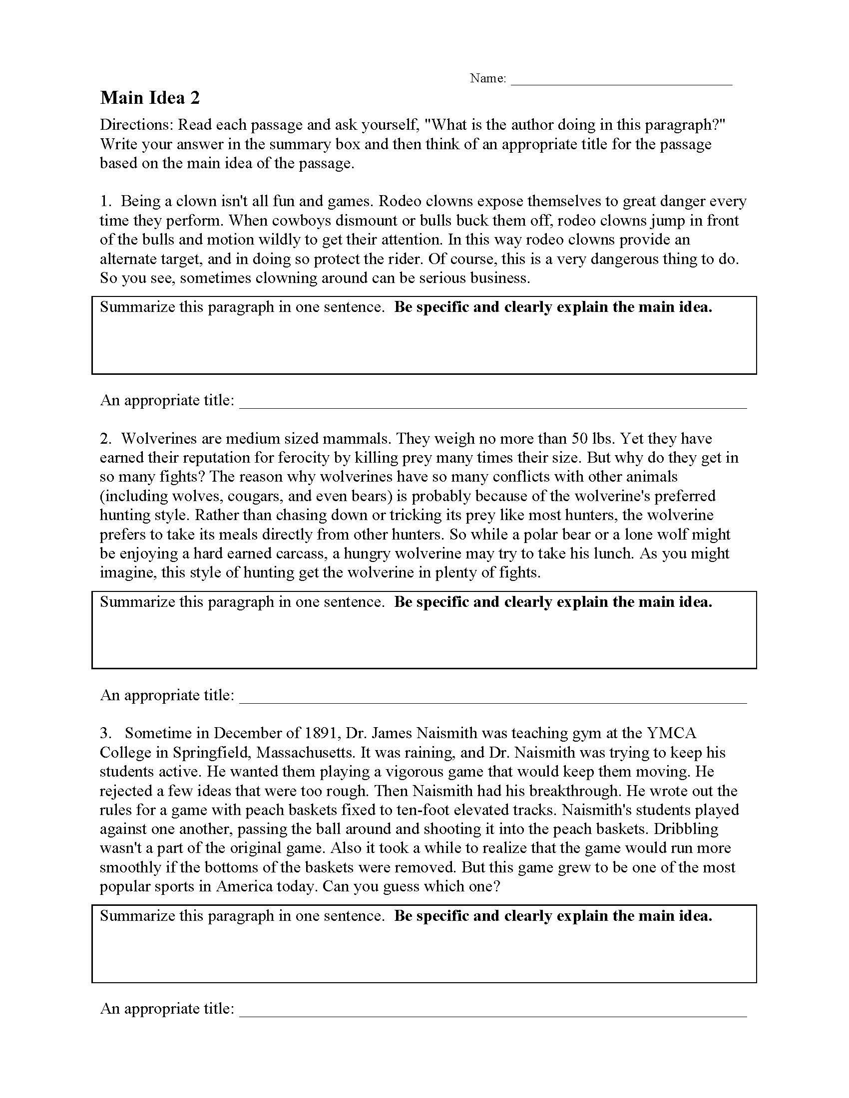 Main Idea Worksheet 4 Main Idea Worksheets