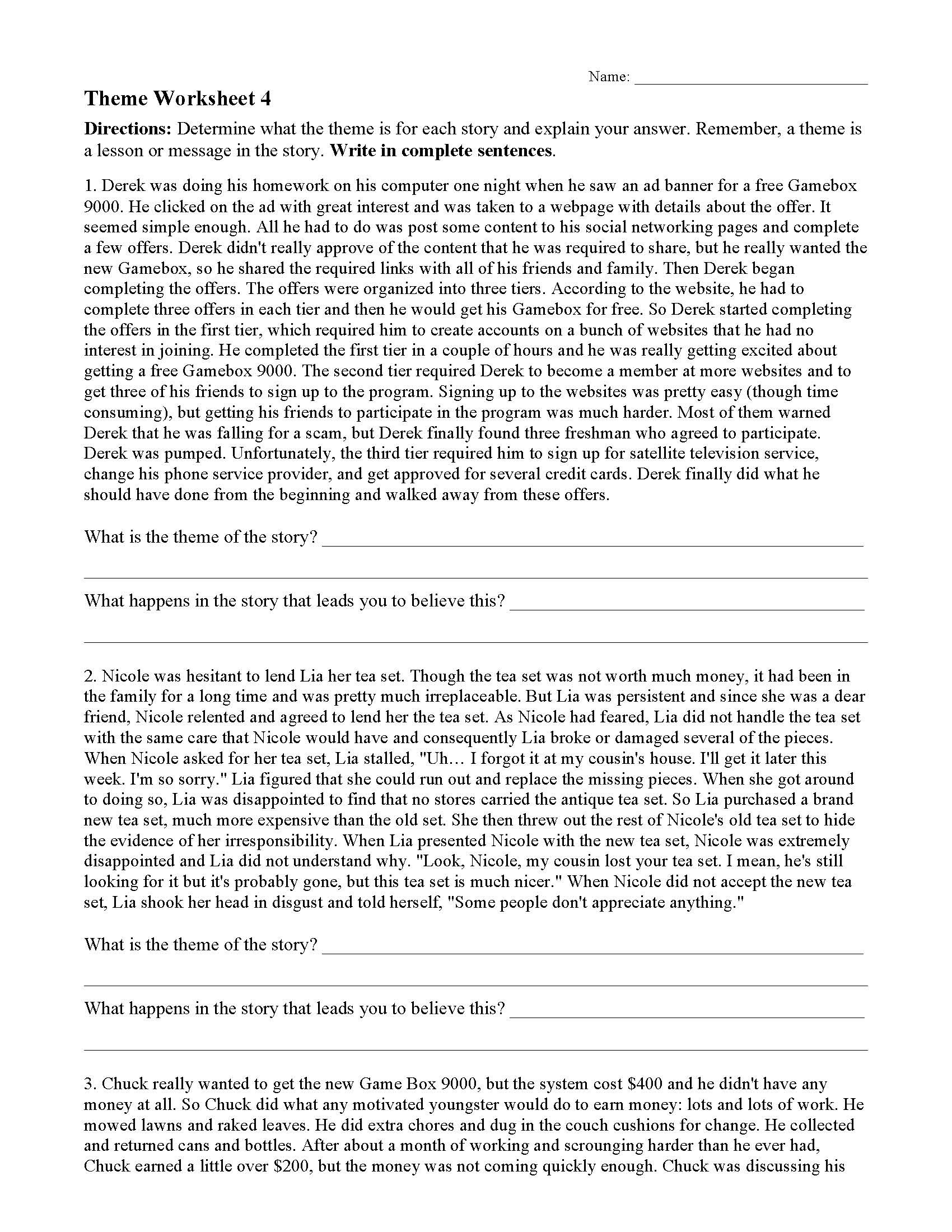 Main Idea Worksheet 4 theme or Author S Message Worksheets