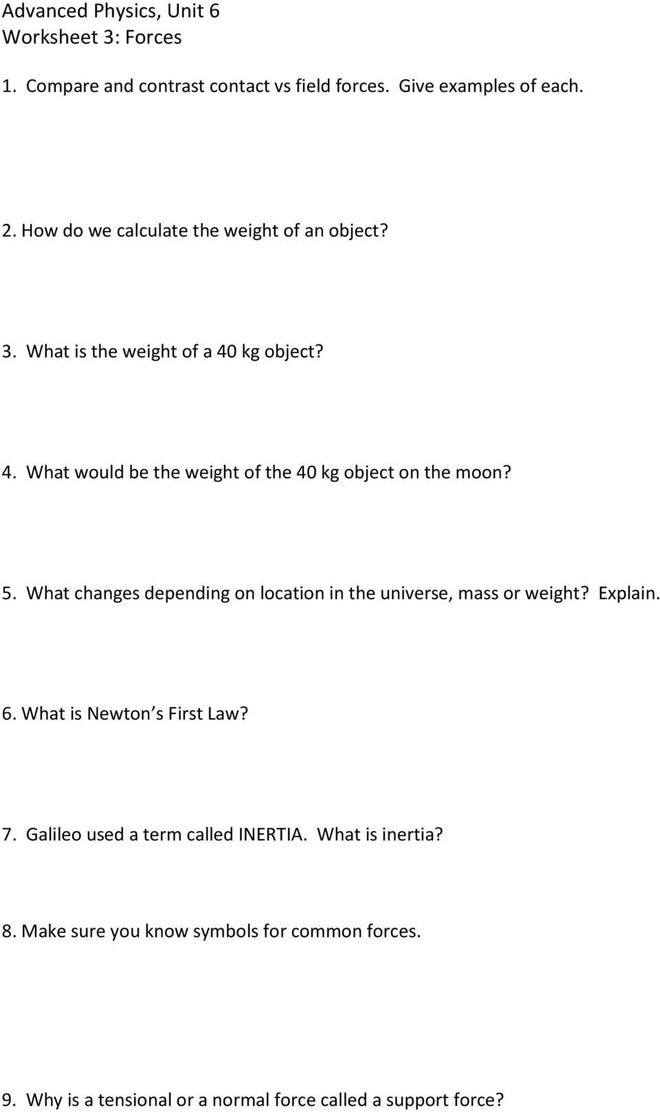 Mass and Weight Worksheet Worksheet 1 Free Body or force Diagrams Pdf Free Download