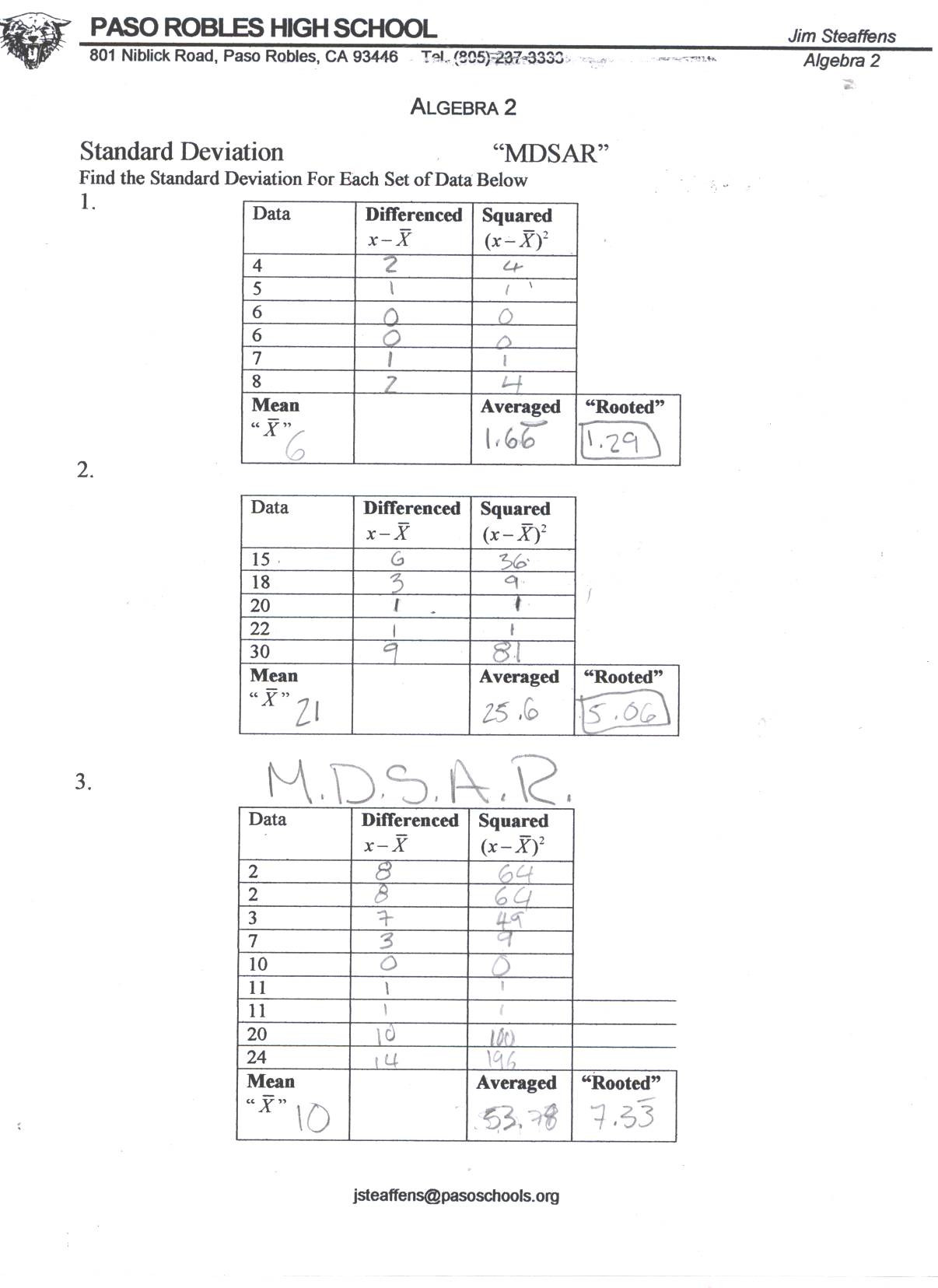 Mean Absolute Deviation Worksheet Variance and Standard Deviation Worksheet