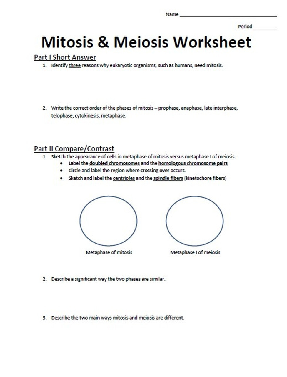 Meiosis Matching Worksheet Answer Key Mitosis &amp; Meiosis Worksheet