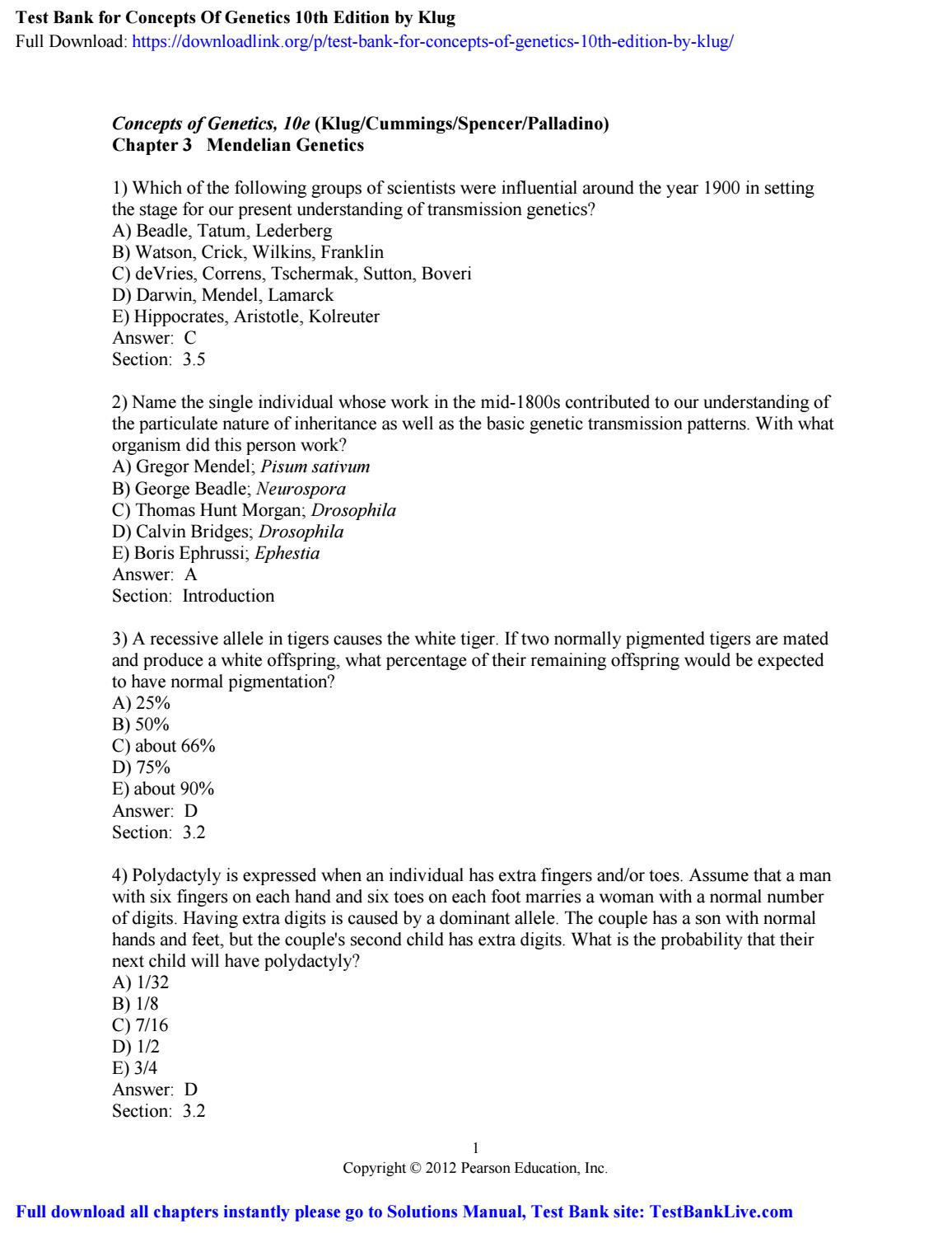 Mendelian Genetics Worksheet Answer Key Test Bank for Concepts Genetics 10th Edition by Klug by