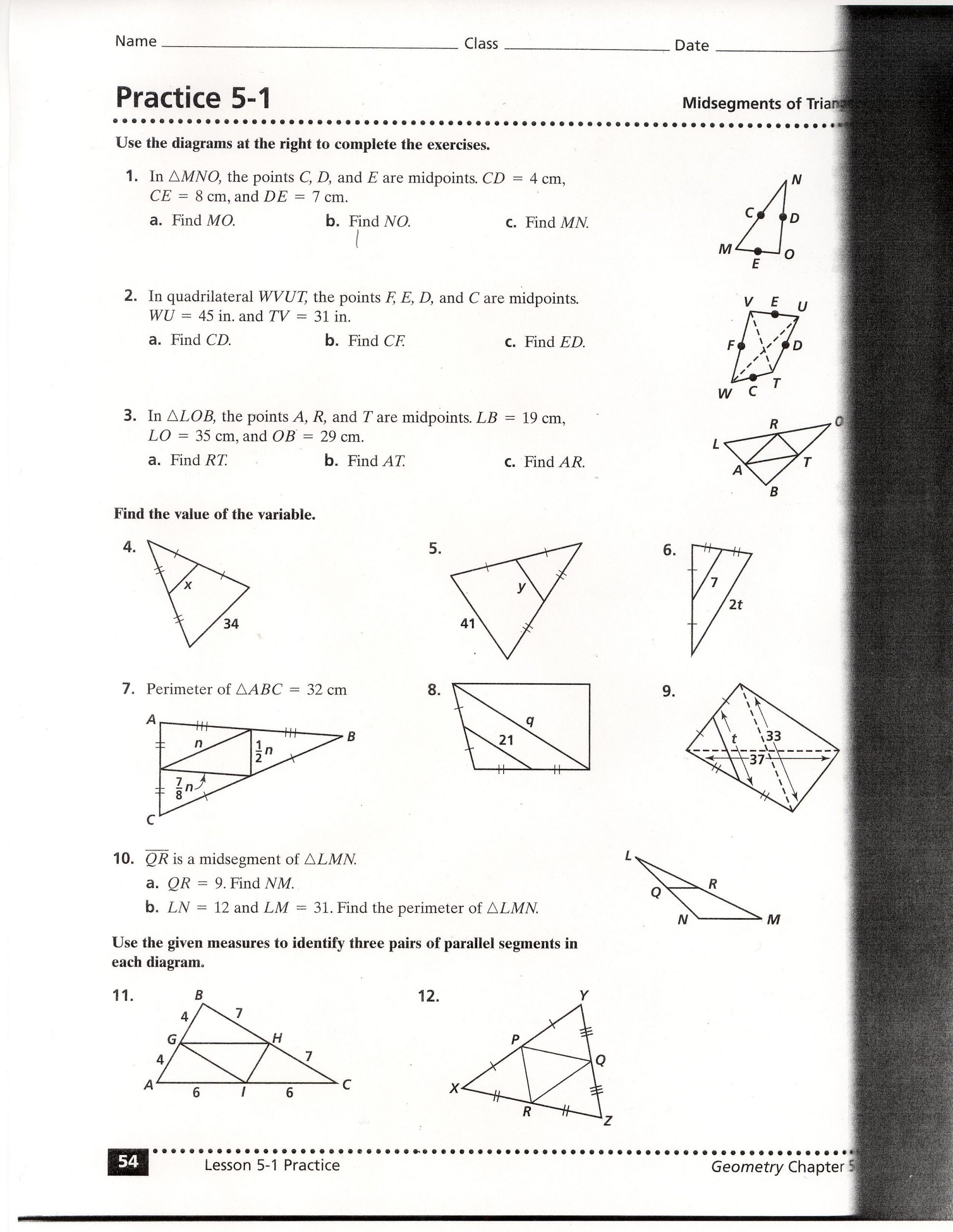 Midsegment Theorem Worksheet Answer Key