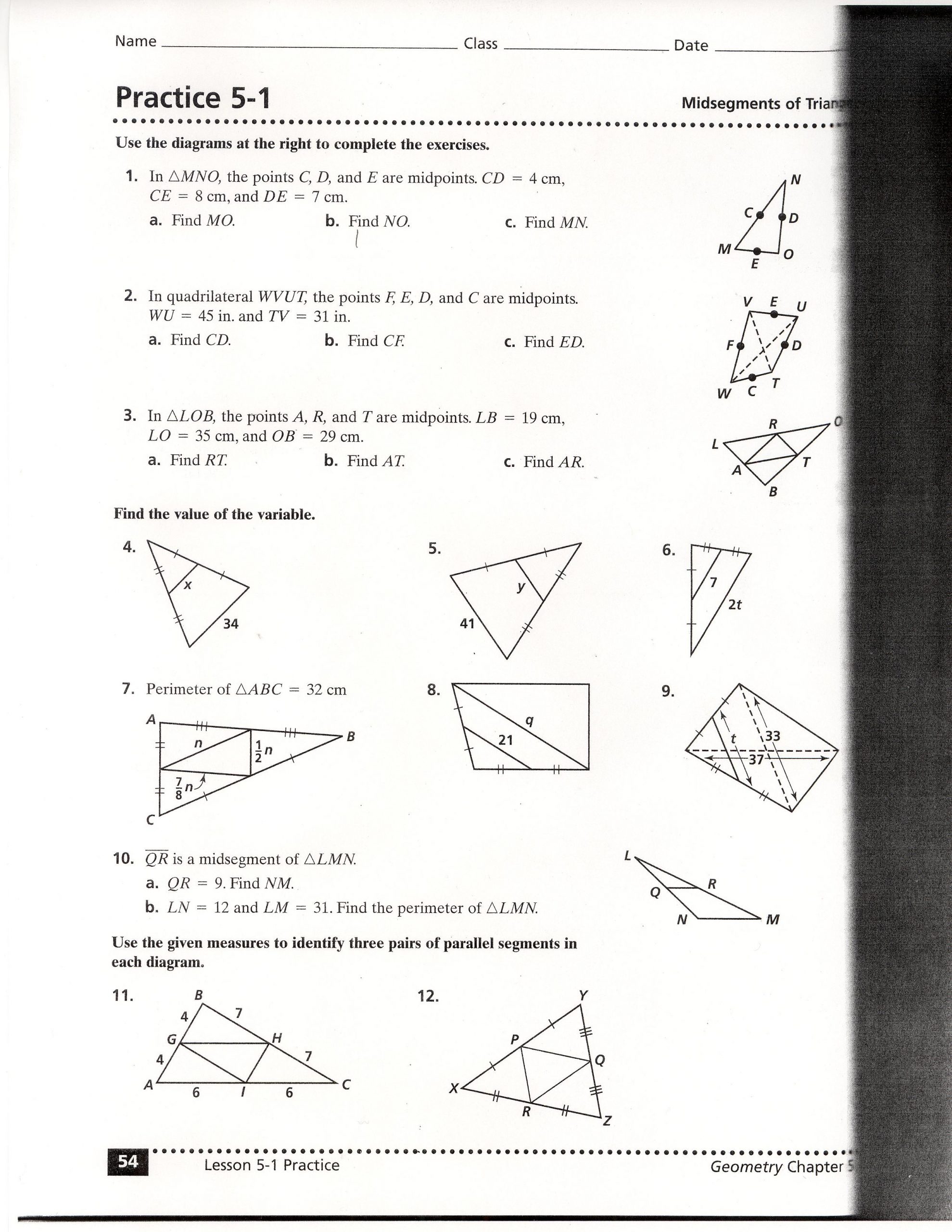 Midsegment theorem Worksheet Answer Key Geometry A
