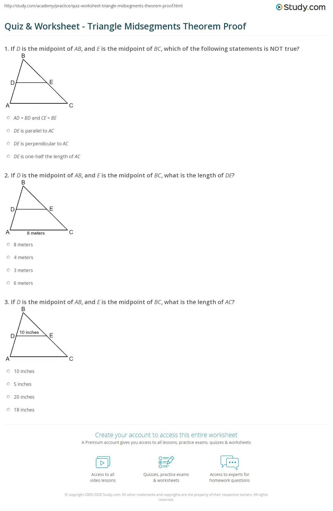 Midsegment theorem Worksheet Answer Key Quiz &amp; Worksheet Triangle Midsegments theorem Proof