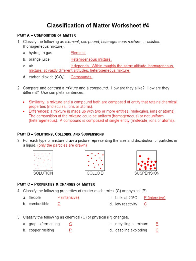 Mixtures and solutions Worksheet Answers Classification Of Matters Worksheet 4 Answersc