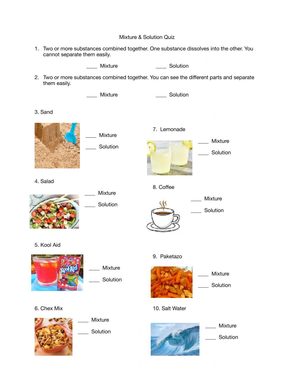 Mixtures and solutions Worksheet Answers Mixture and solution Quiz Interactive Worksheet