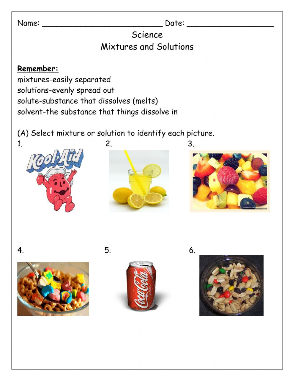 Mixtures and solutions Worksheet Answers Mixtures and solution Interactive Worksheet