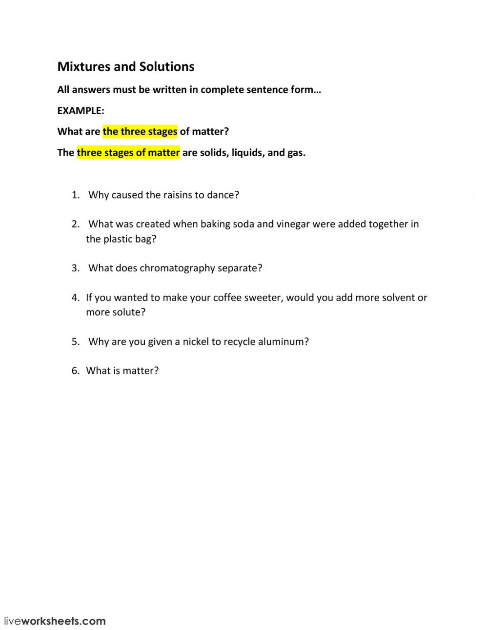 Mixtures and solutions Worksheet Answers Mixtures and solutions Interactive Worksheet