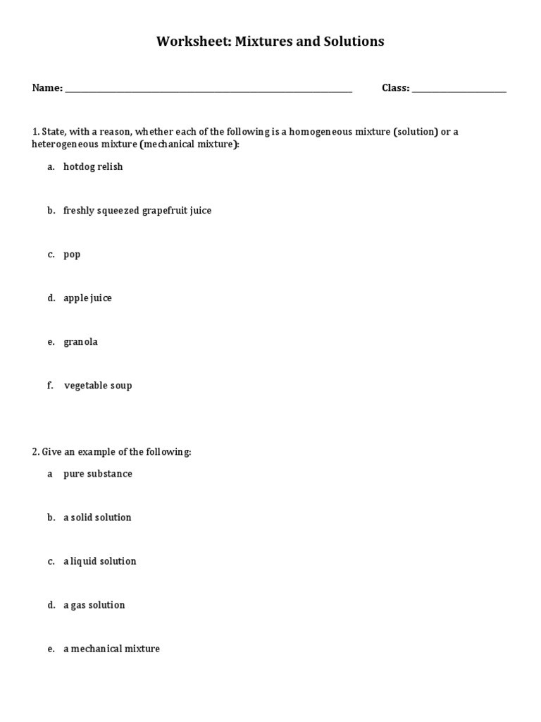 Mixtures and solutions Worksheet Answers Mixtures and solutions Worksheets solution