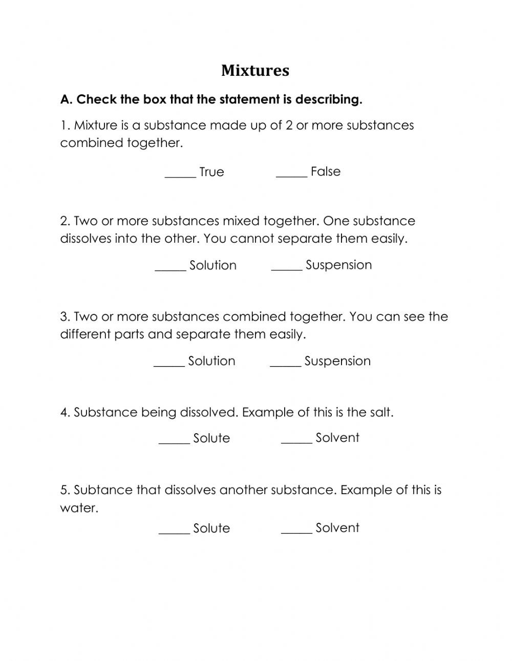 Mixtures and solutions Worksheet Answers Mixtures solution or Suspension Interactive Worksheet