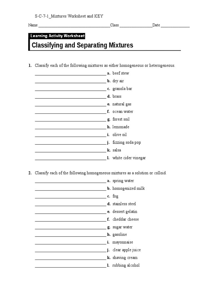 Mixtures and solutions Worksheet Answers S C 7 1 Mixtures Worksheet and Key solution