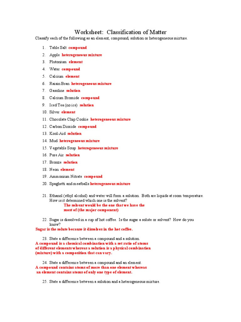 Mixtures and solutions Worksheet Answers Worksheet Classification Of Matter Key