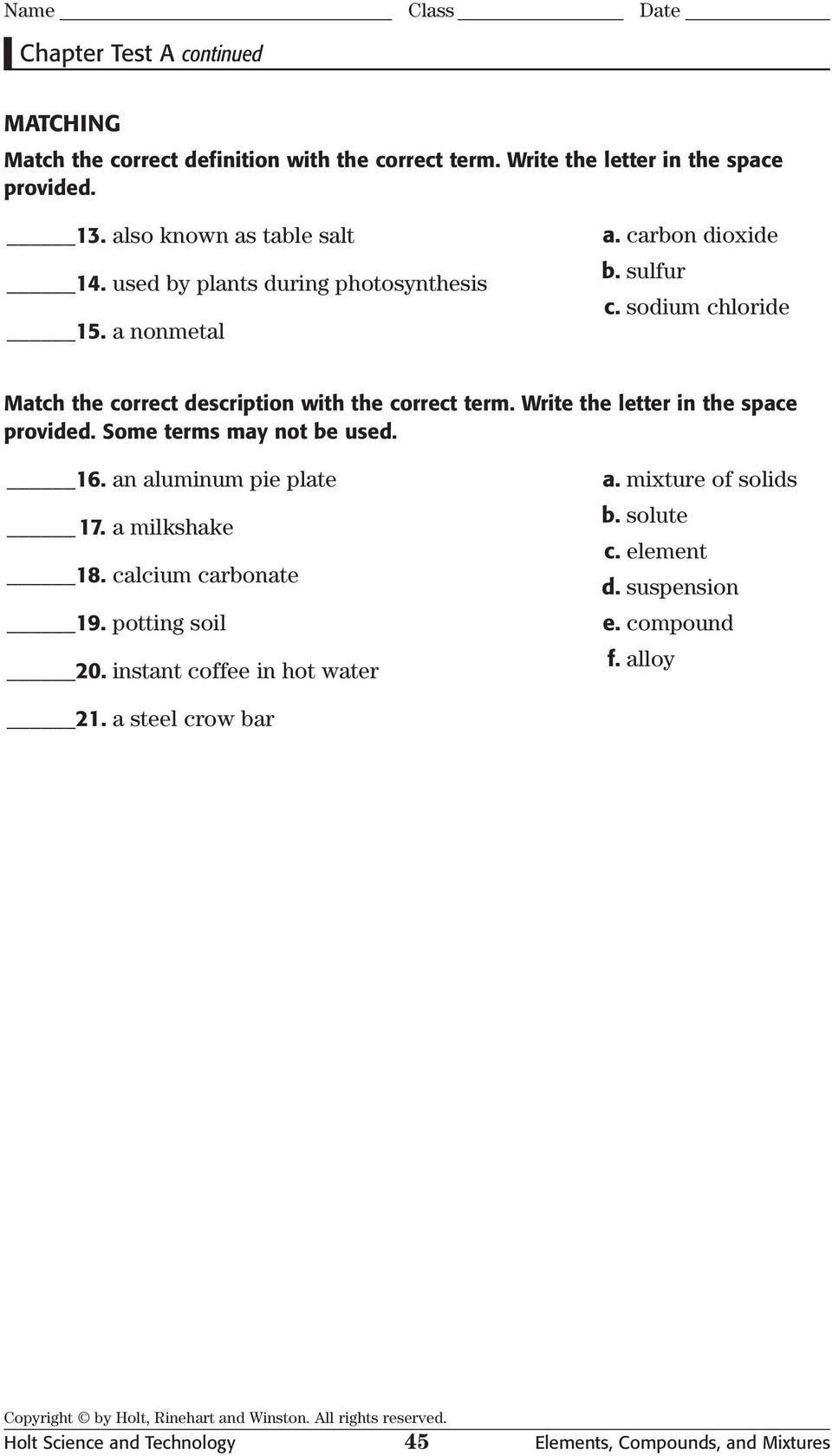 Mixtures Worksheet Answer Key Chapter Test A Elements Pounds and Mixtures Multiple