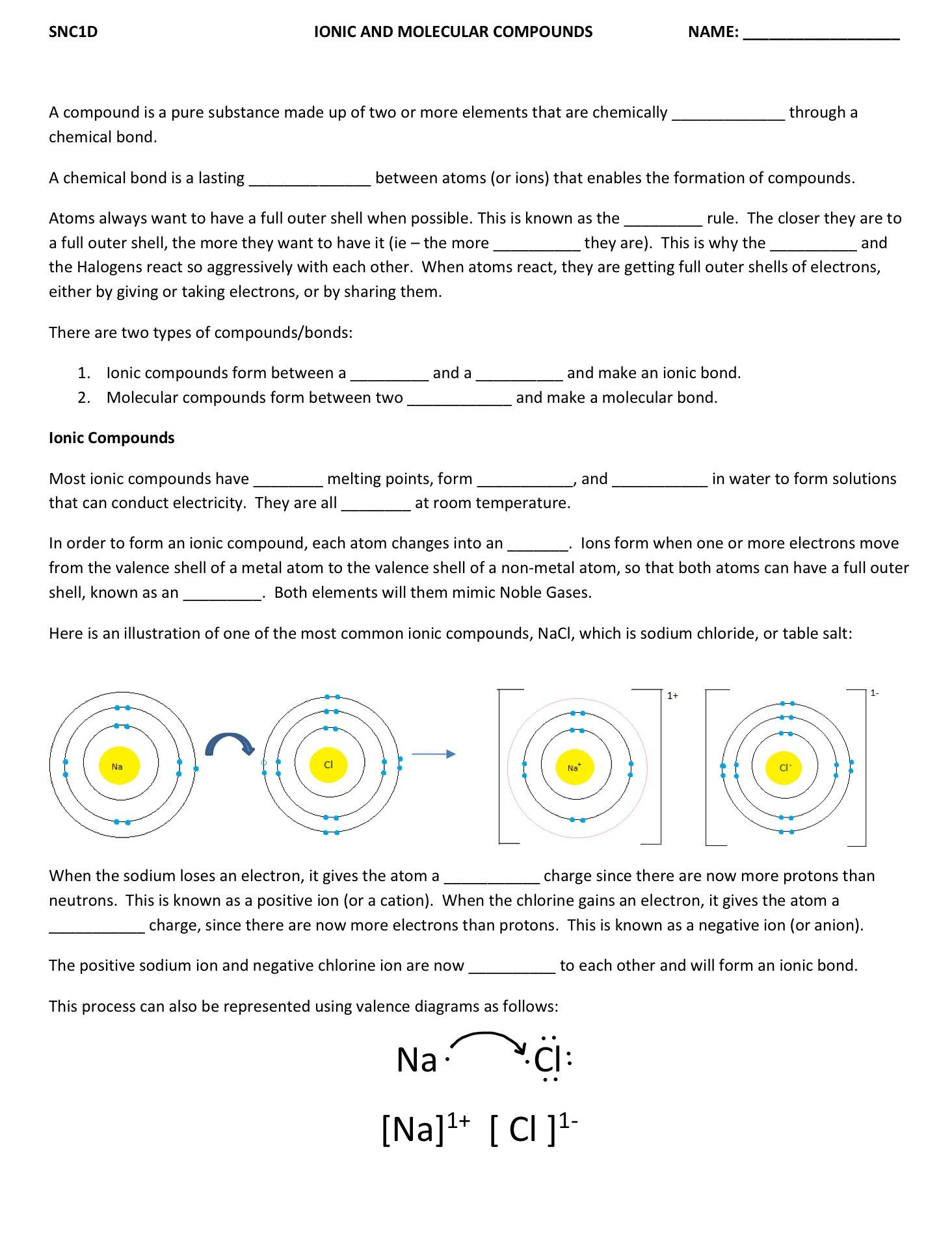 Molecules and Compounds Worksheet Molecular and Ionic Pounds Note &amp; Worksheet Wednesday