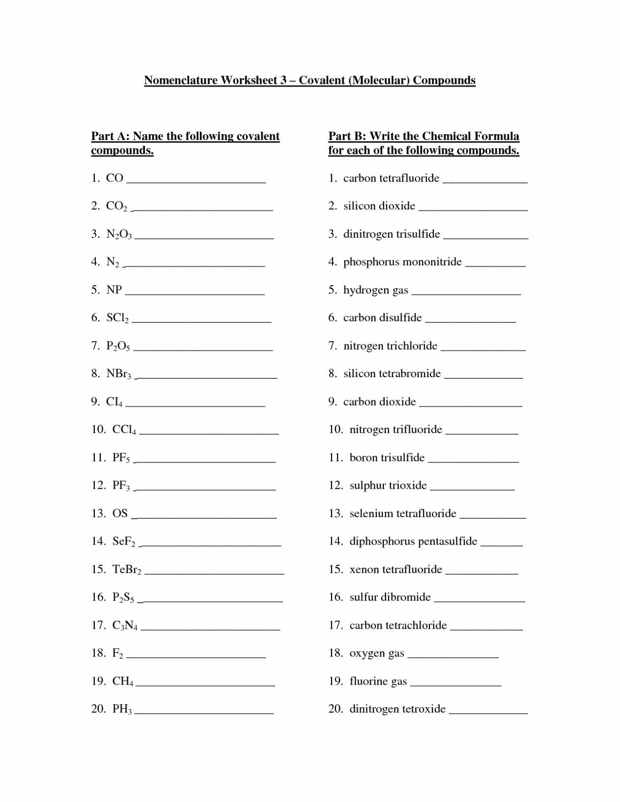 Molecules and Compounds Worksheet Naming Binary Molecular Pounds Worksheet 3 Answers