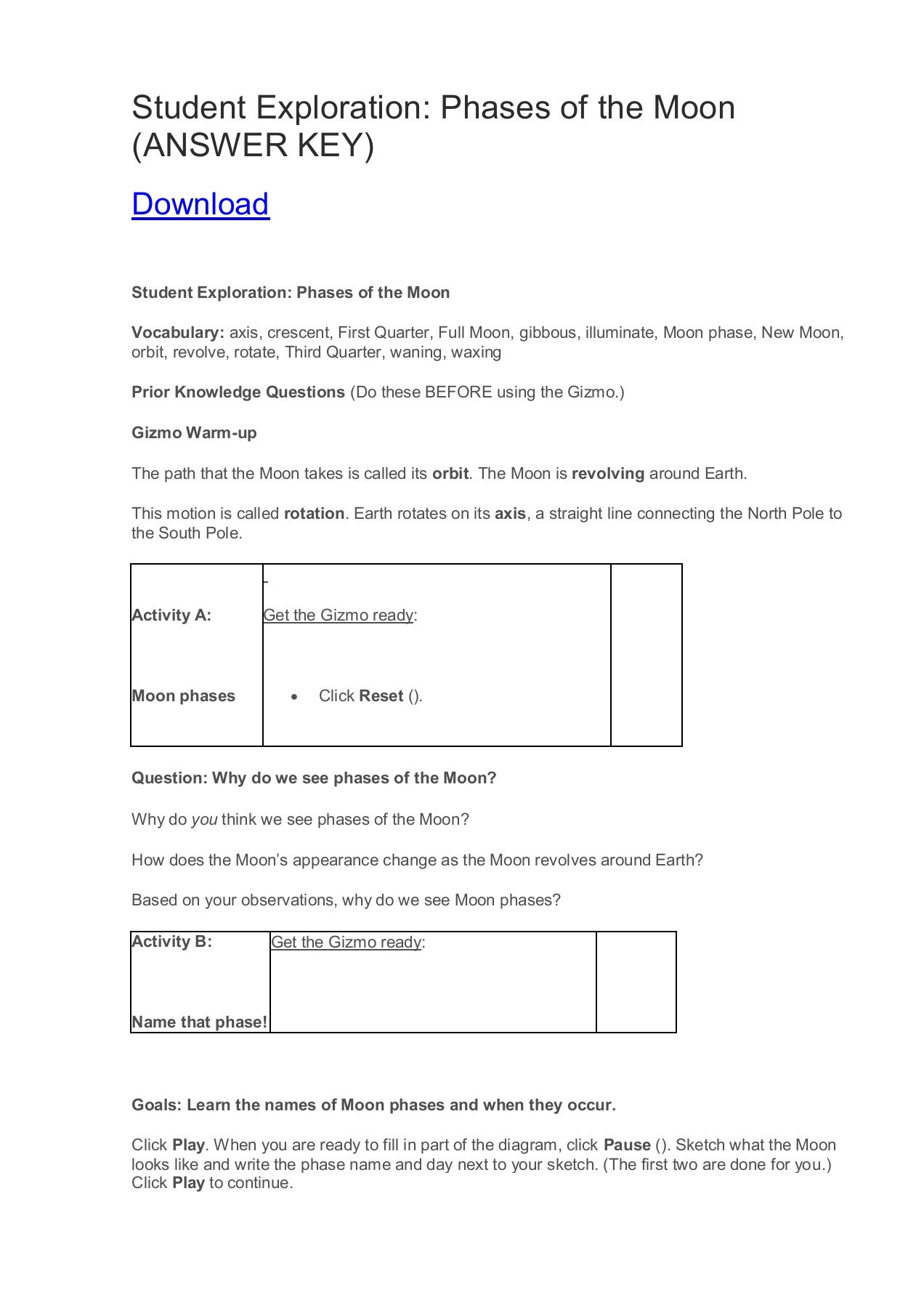 Moon Phases Worksheet Answers Student Exploration Phases Of the Moon Answer Key Flip