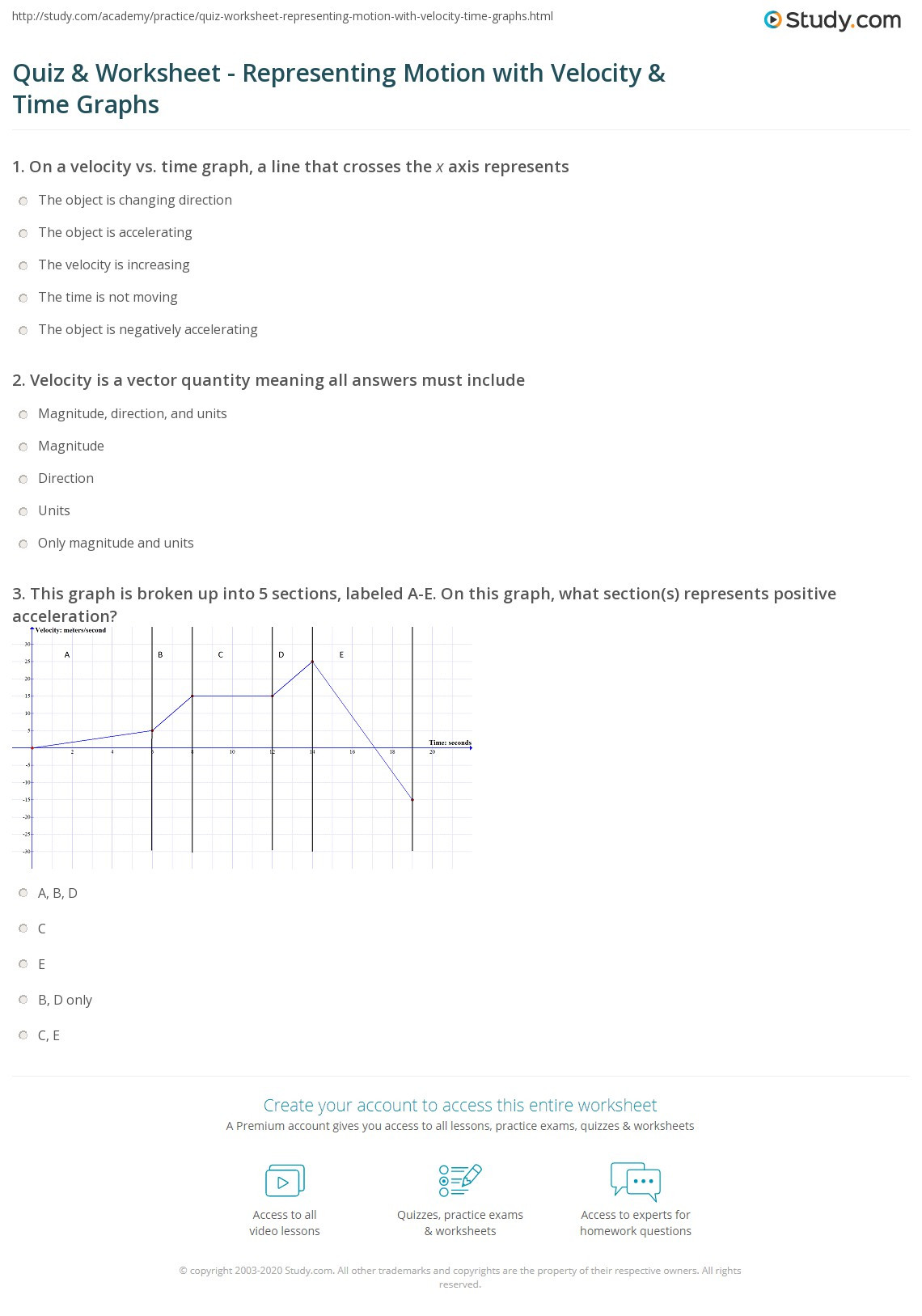 Motion Graphs Physics Worksheet Quiz &amp; Worksheet Representing Motion with Velocity &amp; Time