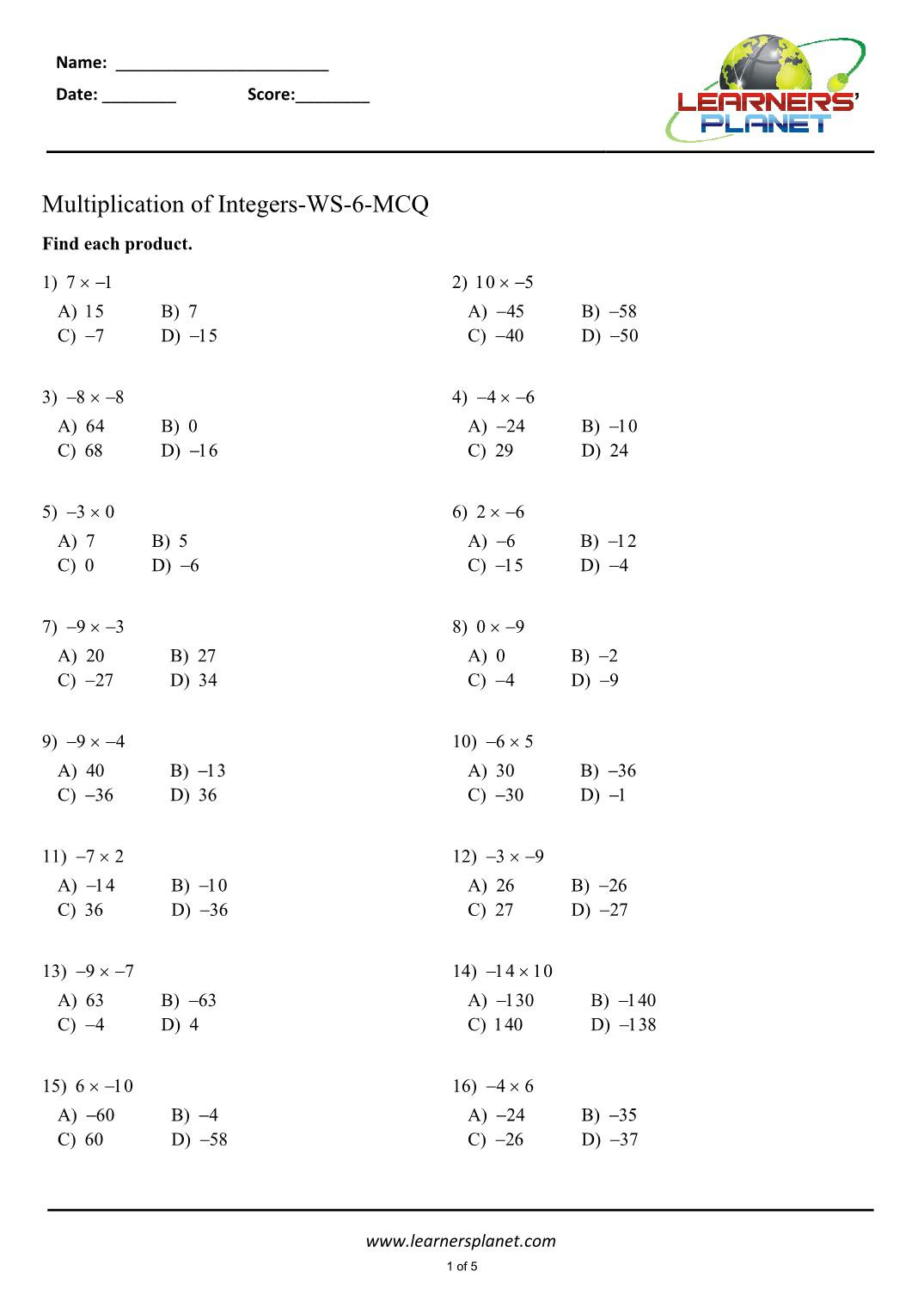 Multiplication Of Integers Worksheet Grade 7 Math Worksheets Multiplying Integers