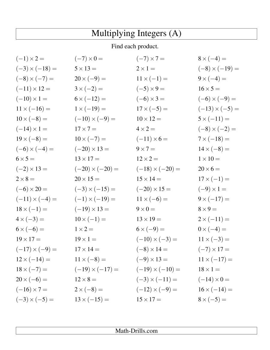 Multiplication Of Integers Worksheet Multiplying Integers Mixed Signs Range 20 to 20 A