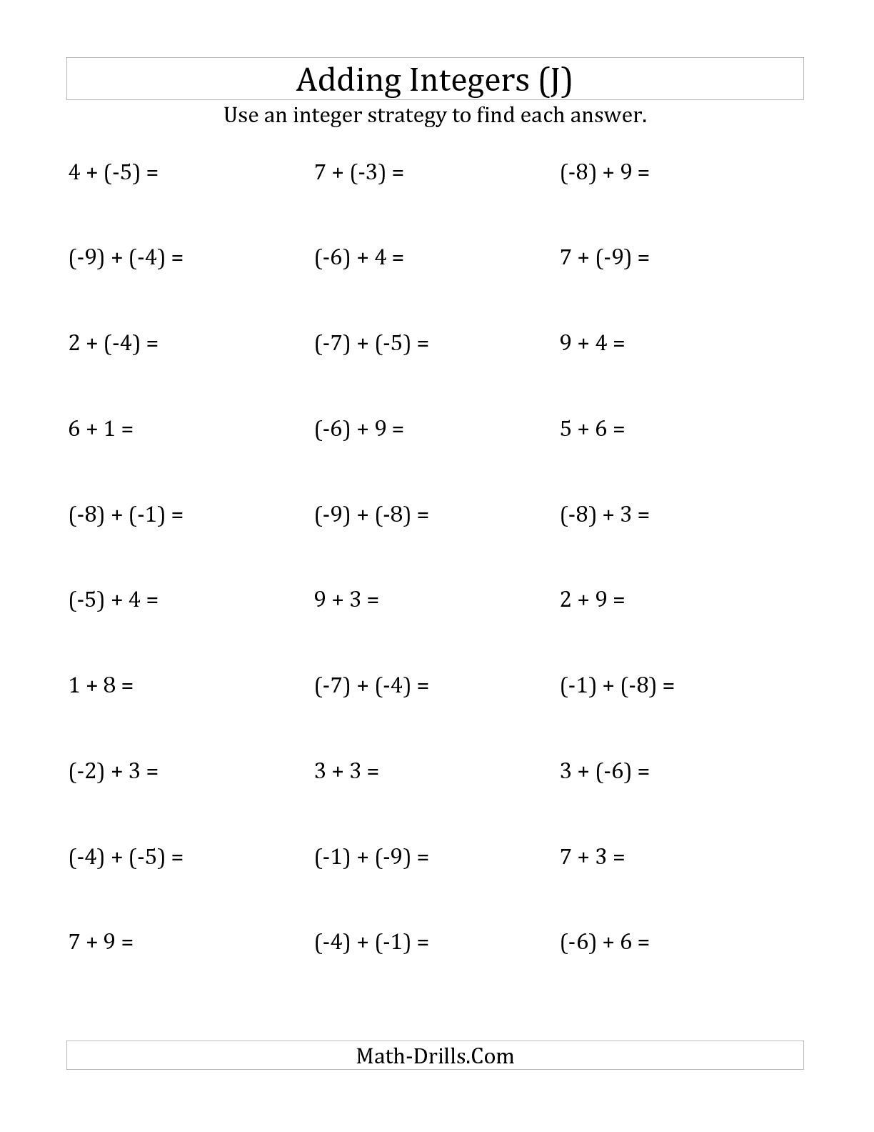 Multiplication Of Integers Worksheet the Adding Integers From 9 to 9 Negative Numbers In