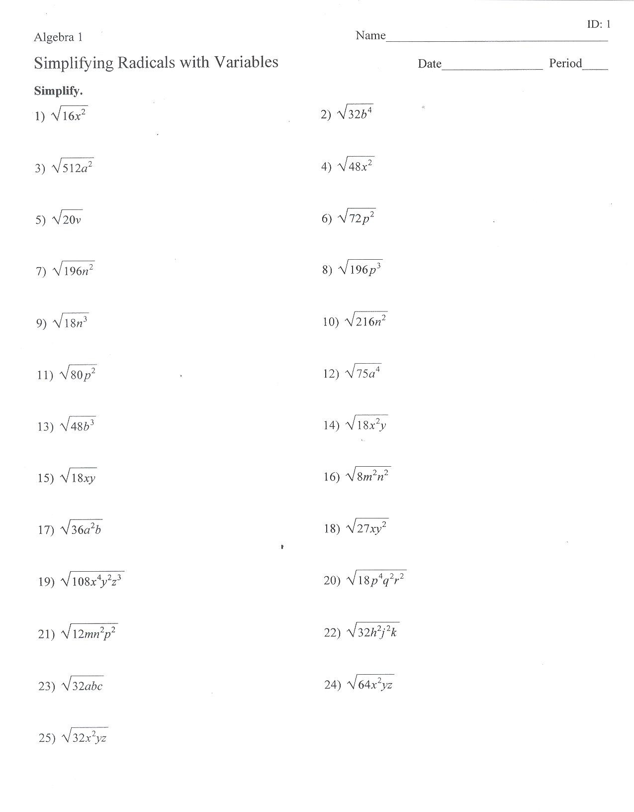 Multiply Radical Expressions Worksheet 35 Simplifying Radicals Worksheet Algebra 1 Worksheet