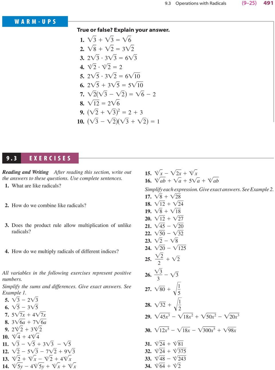Multiply Radical Expressions Worksheet 9 3 Operations with Radicals Pdf Free Download