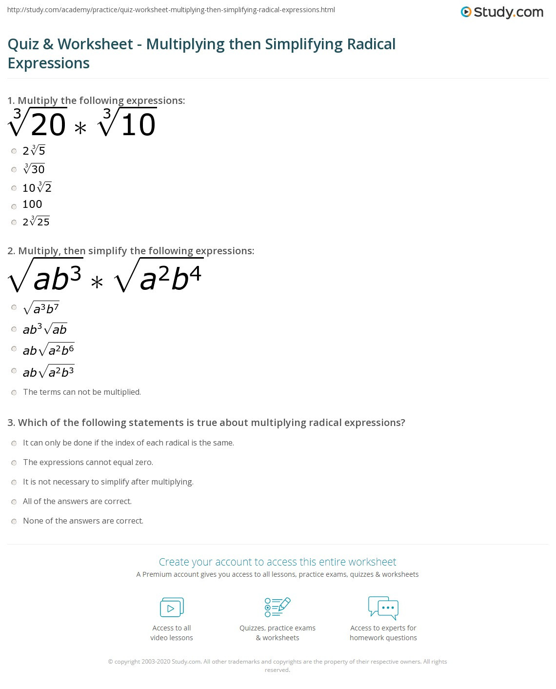 Multiply Radical Expressions Worksheet Quiz &amp; Worksheet Multiplying then Simplifying Radical