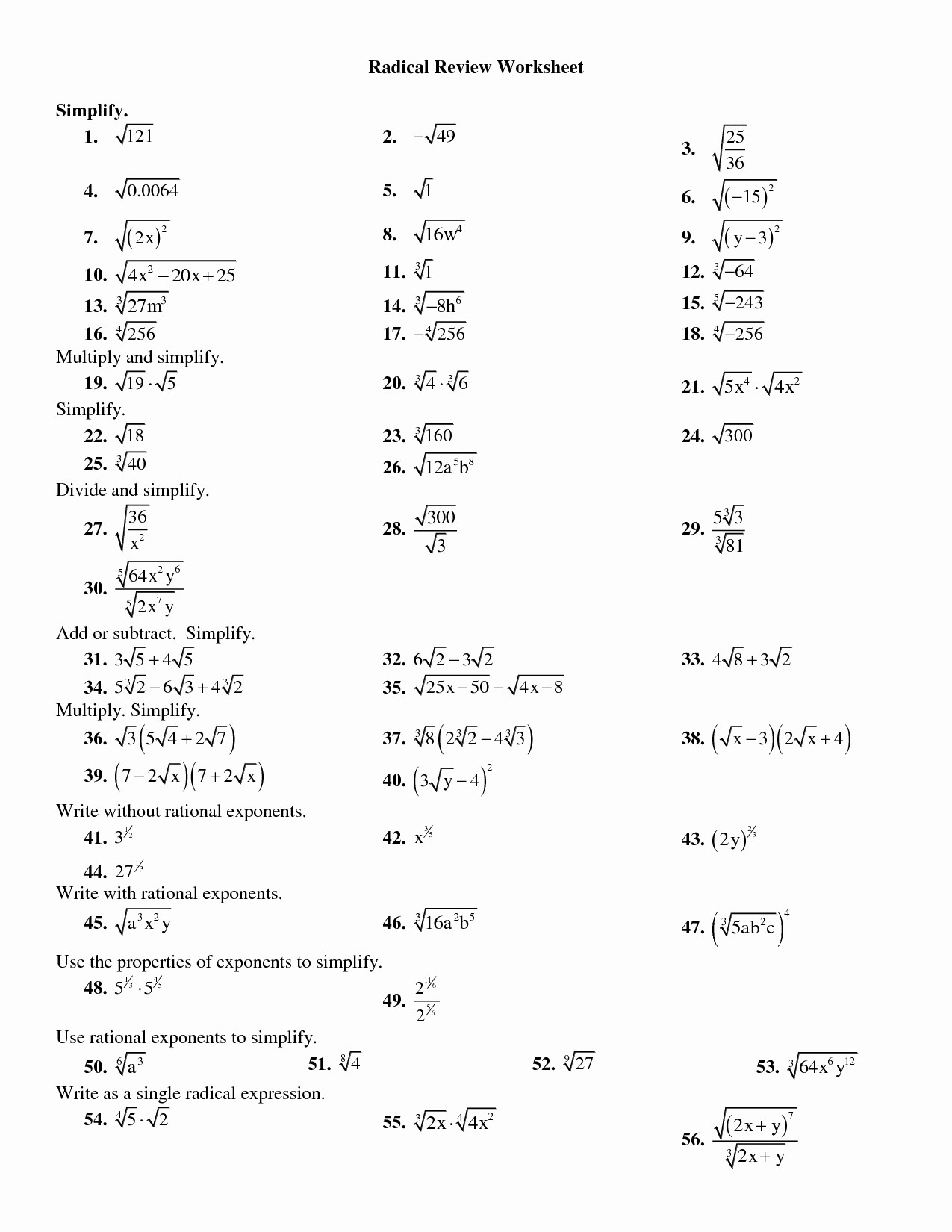 Multiply Radical Expressions Worksheet Radical Expressions and Equations Worksheet