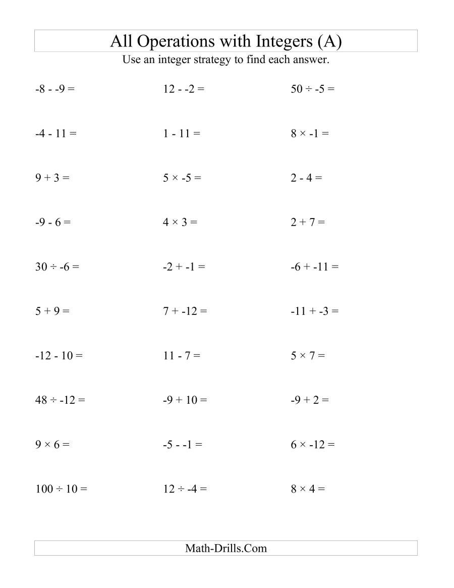 Multiplying and Dividing Integers Worksheet All Operations with Integers Range 12 to 12 with No