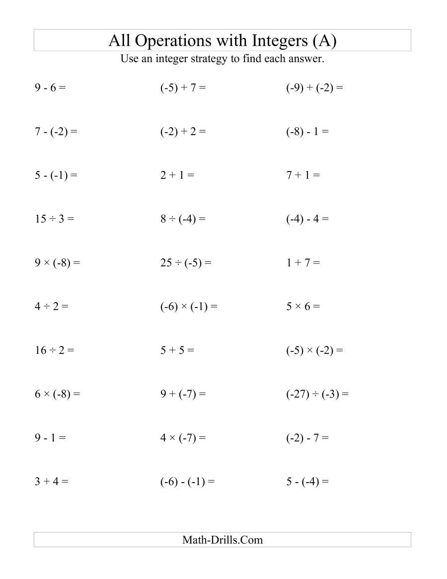 Multiplying and Dividing Integers Worksheet All Operations with Integers Range 9 to 9 with Negative