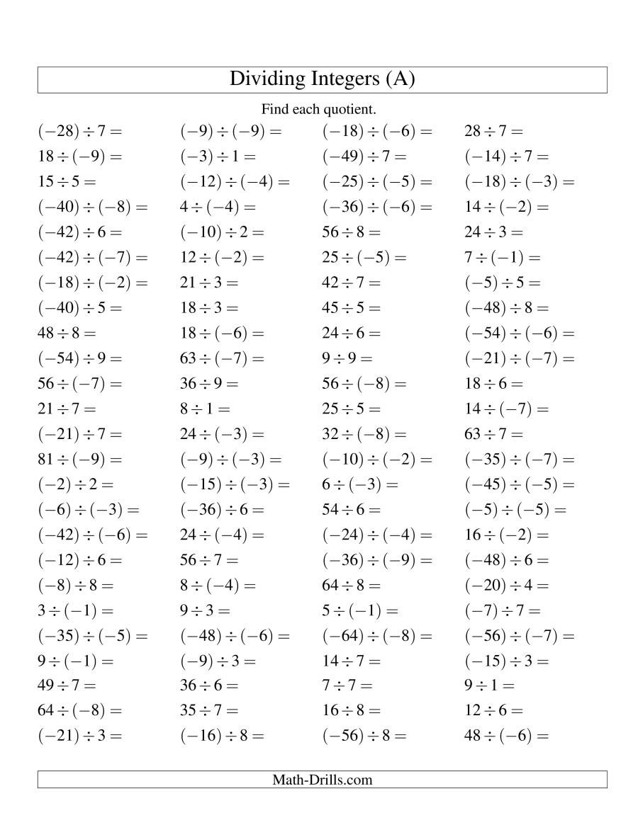 Multiplying and Dividing Integers Worksheet Dividing Integers Mixture Range 9 to 9 A