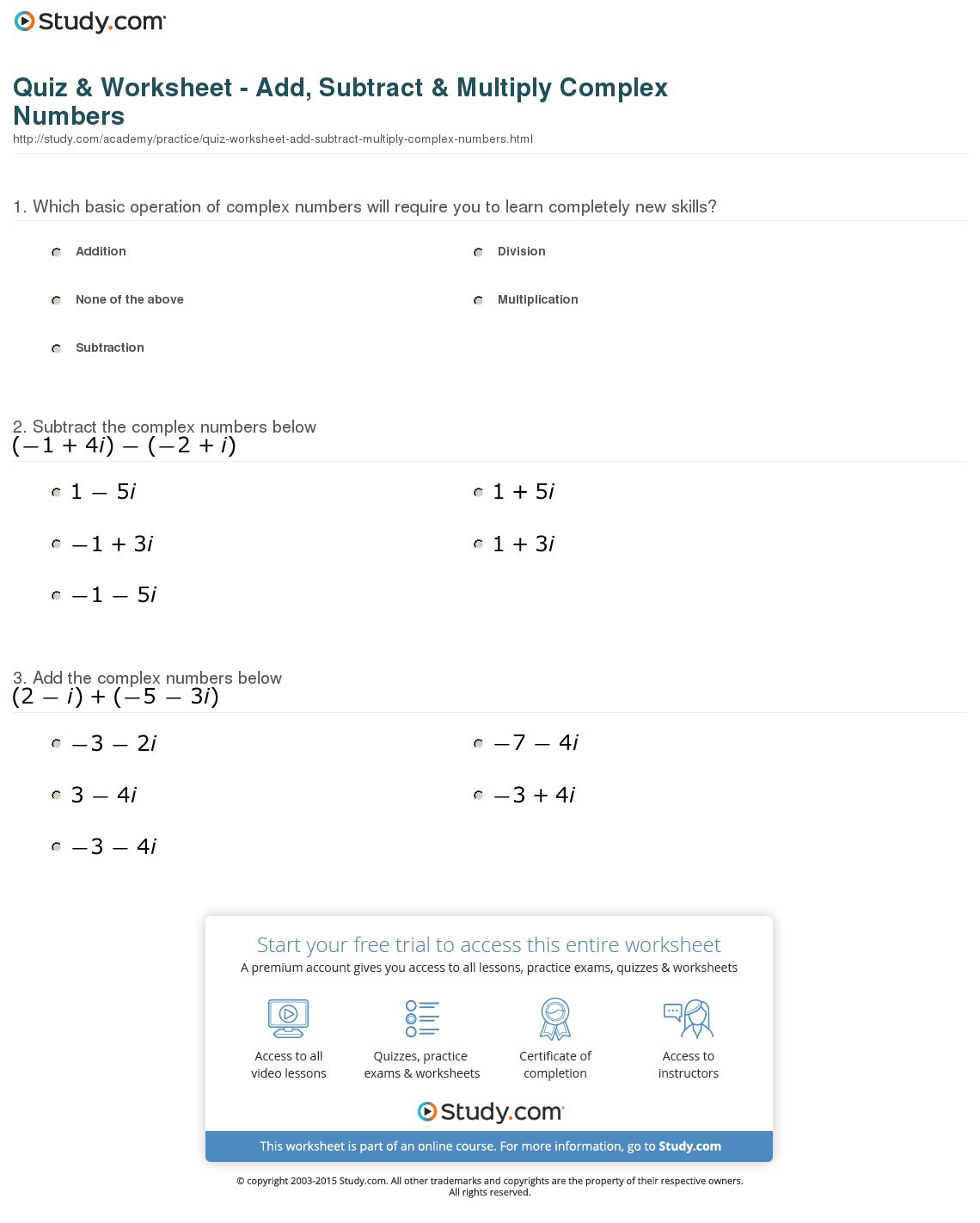 Multiplying Complex Numbers Worksheet Plex Numbers Worksheet