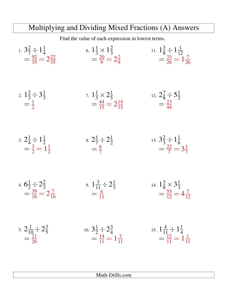 Multiplying Mixed Numbers Worksheet Multiplying and Dividing Mixed Fractions A
