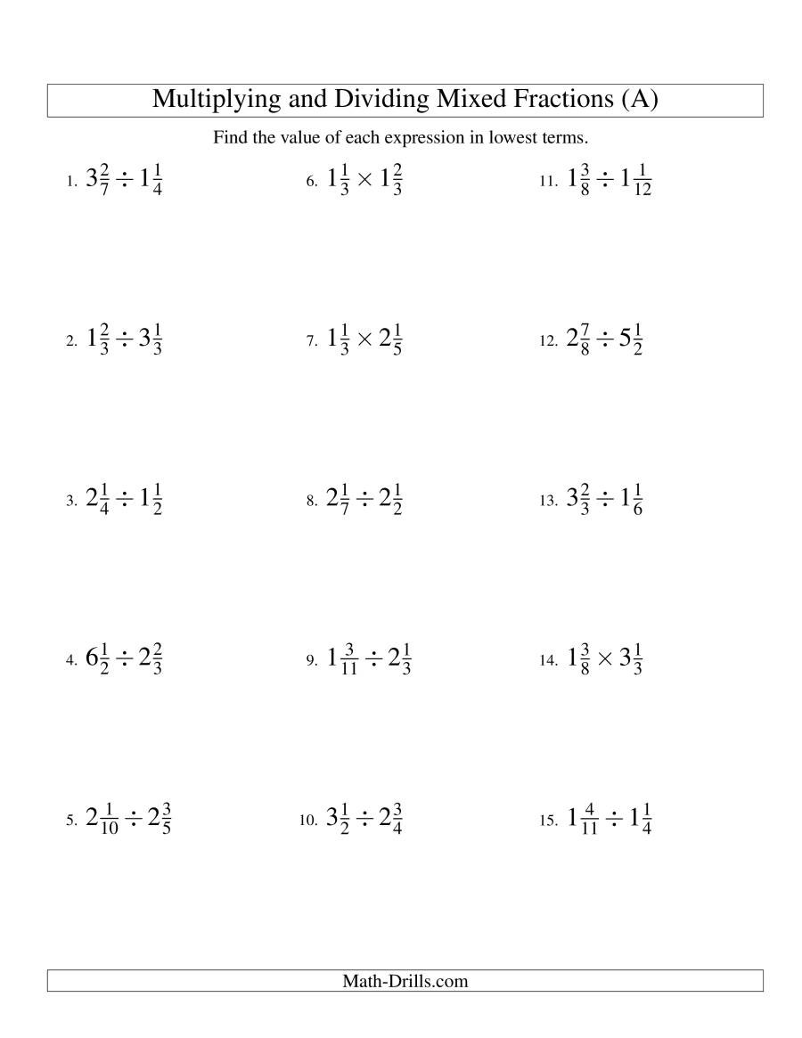 Multiplying Mixed Numbers Worksheet Multiplying and Dividing Mixed Fractions A