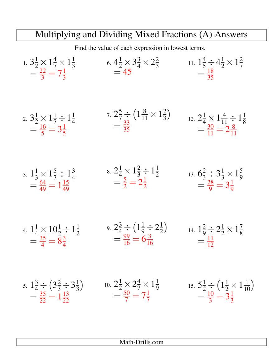 Multiplying Mixed Numbers Worksheet Multiplying and Dividing Mixed Fractions with Three Terms A