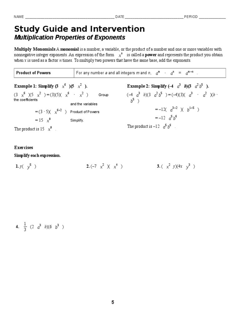 Multiplying Monomials Worksheet Answers 7 1 Multiplication Properties Of Exponents Worksheet