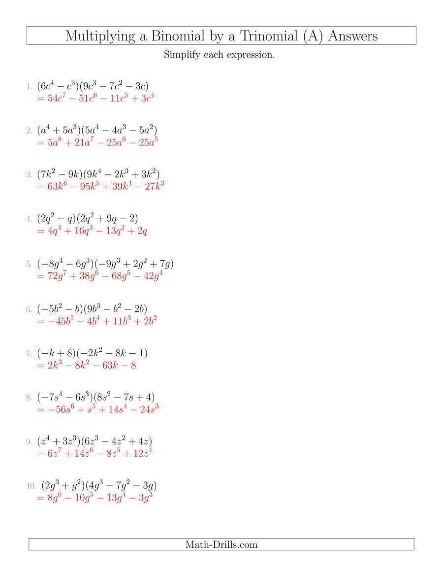 Multiplying Monomials Worksheet Answers Multiplying A Binomial by A Trinomial A