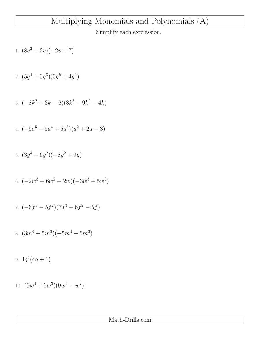 Multiplying Monomials Worksheet Answers Multiplying Monomials and Polynomials with Two Factors Mixed