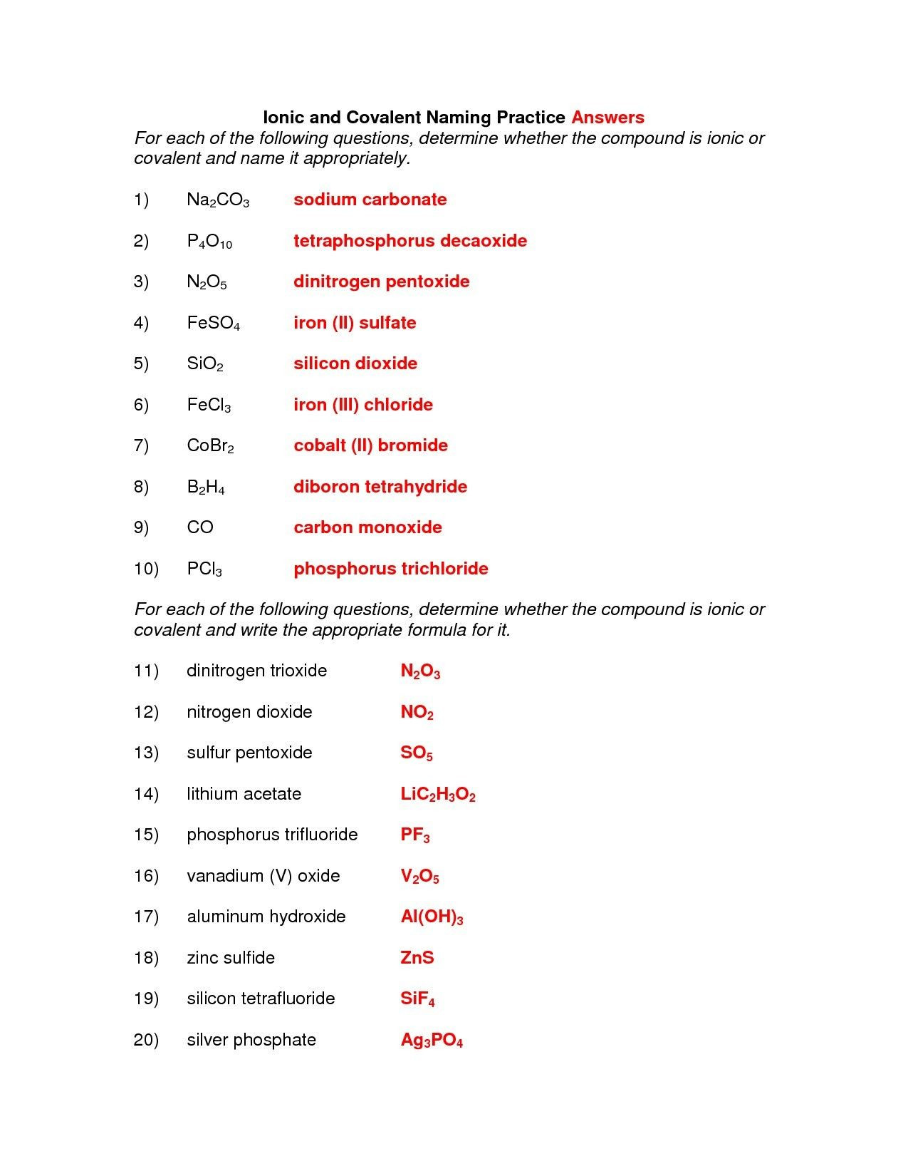 Naming Chemical Compounds Worksheet Answers Naming Binary Molecular Pounds Worksheet 3 Answers