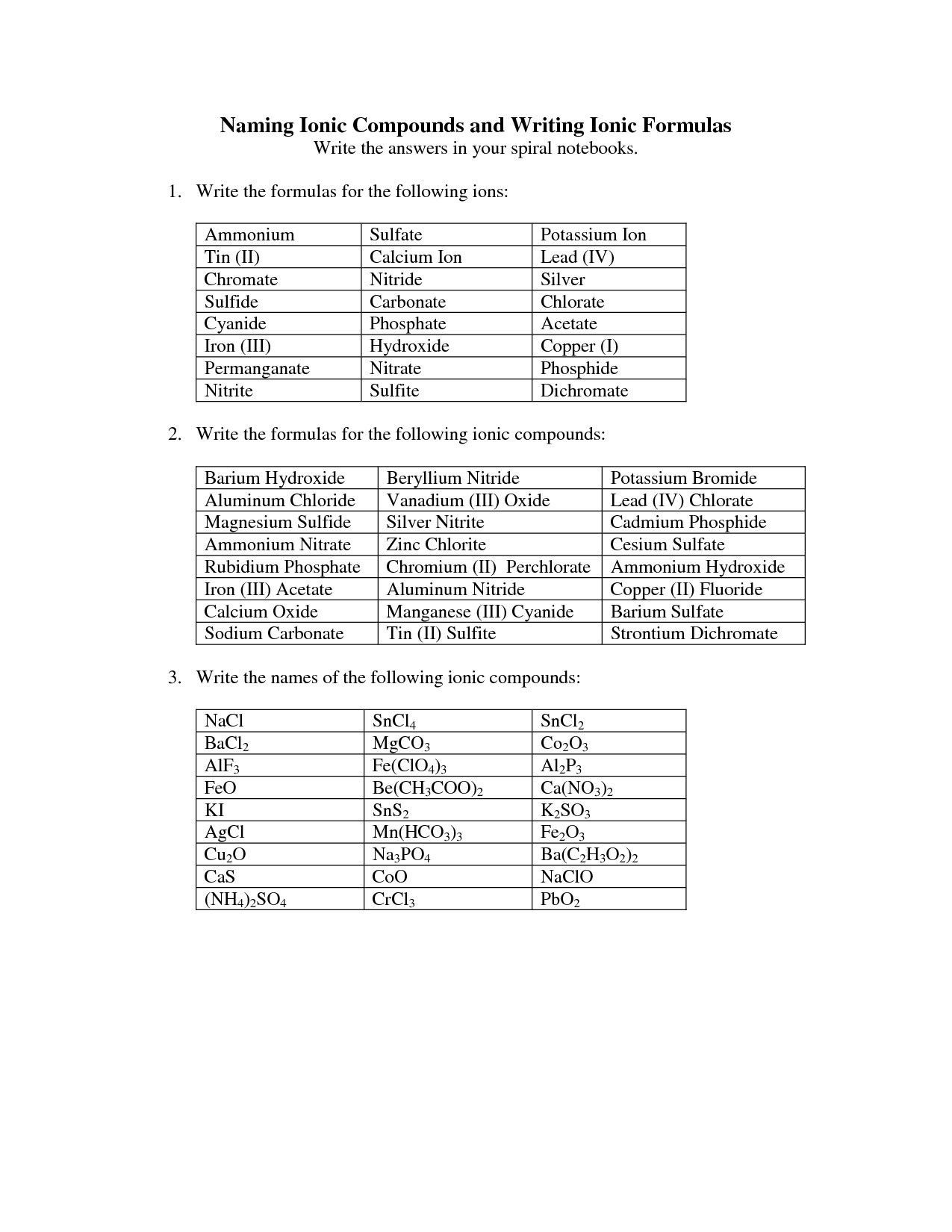 Naming Chemical Compounds Worksheet Answers Naming Ionic Pounds Worksheet Answer Key