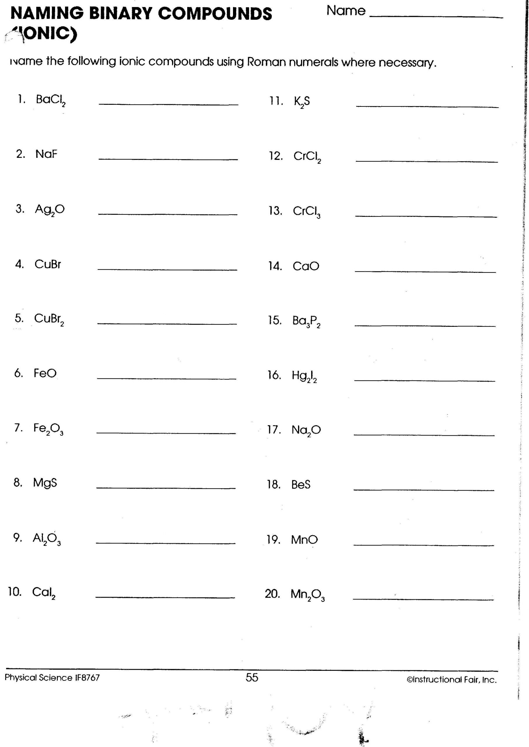 Naming Chemical Compounds Worksheet Answers Writing Binary Chemical formulas Worksheet
