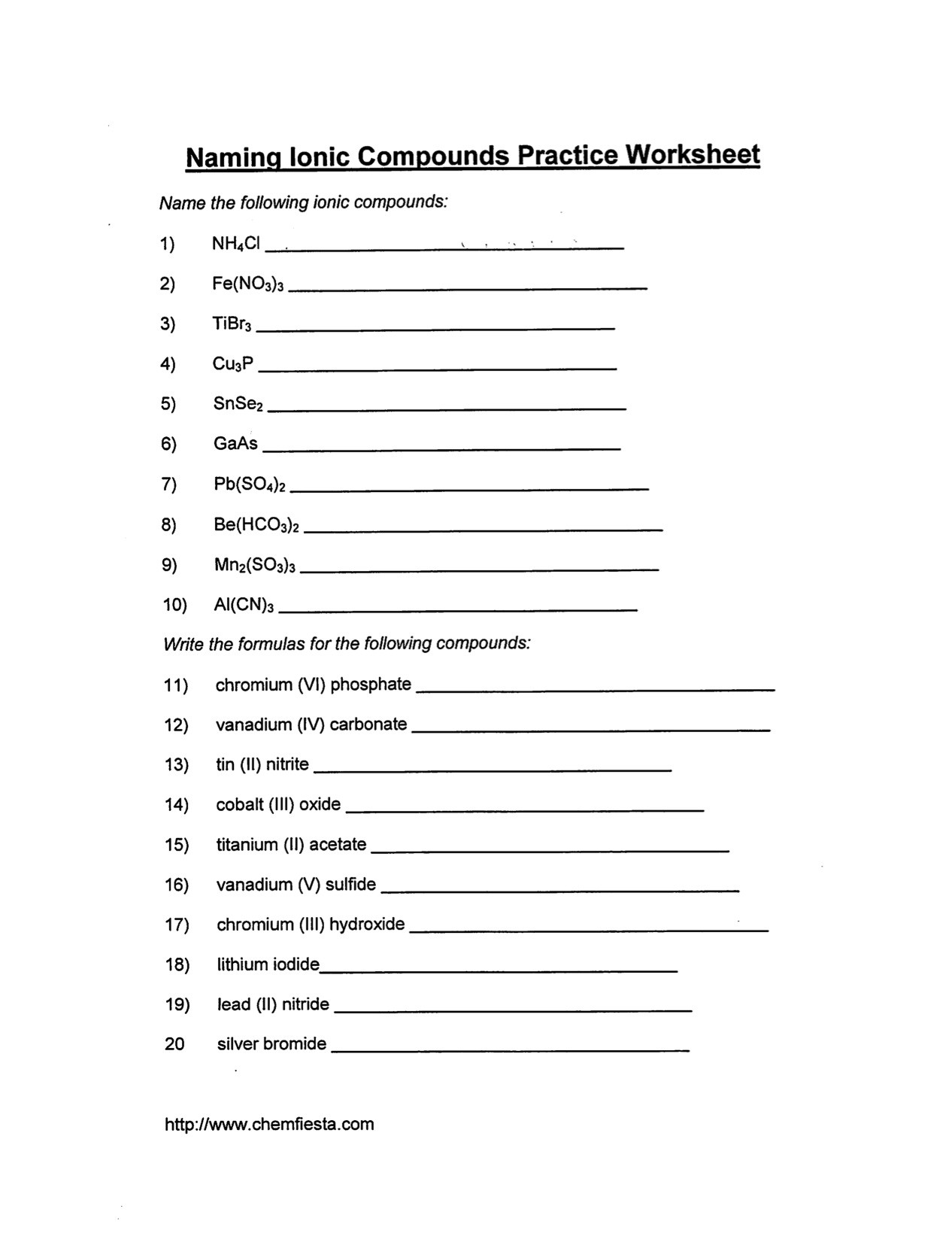 Naming Compounds Practice Worksheet Nomenclature Practice Worksheet