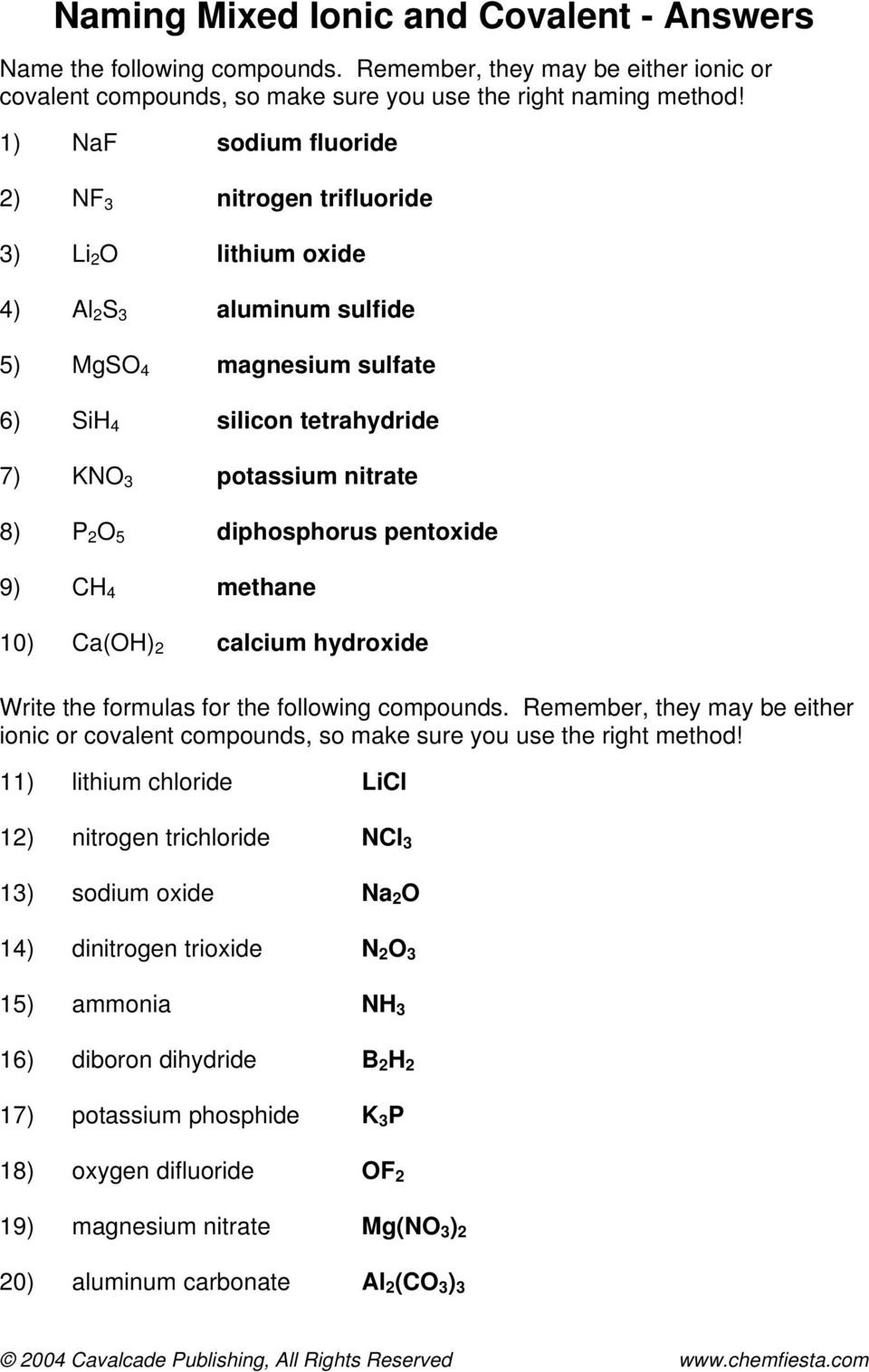 Naming Compounds Practice Worksheet Worksheet 23 Writing formulas Chemistry Answers