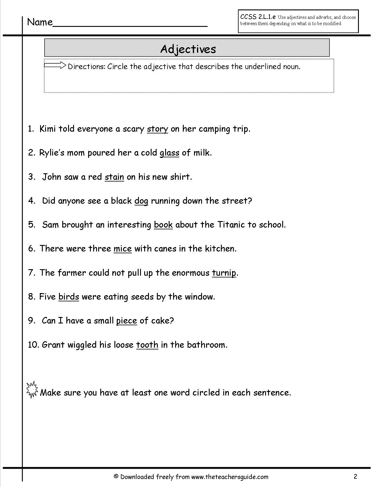 Noun Verb Adjective Worksheet Adjectives Worksheets From the Teacher S Guide