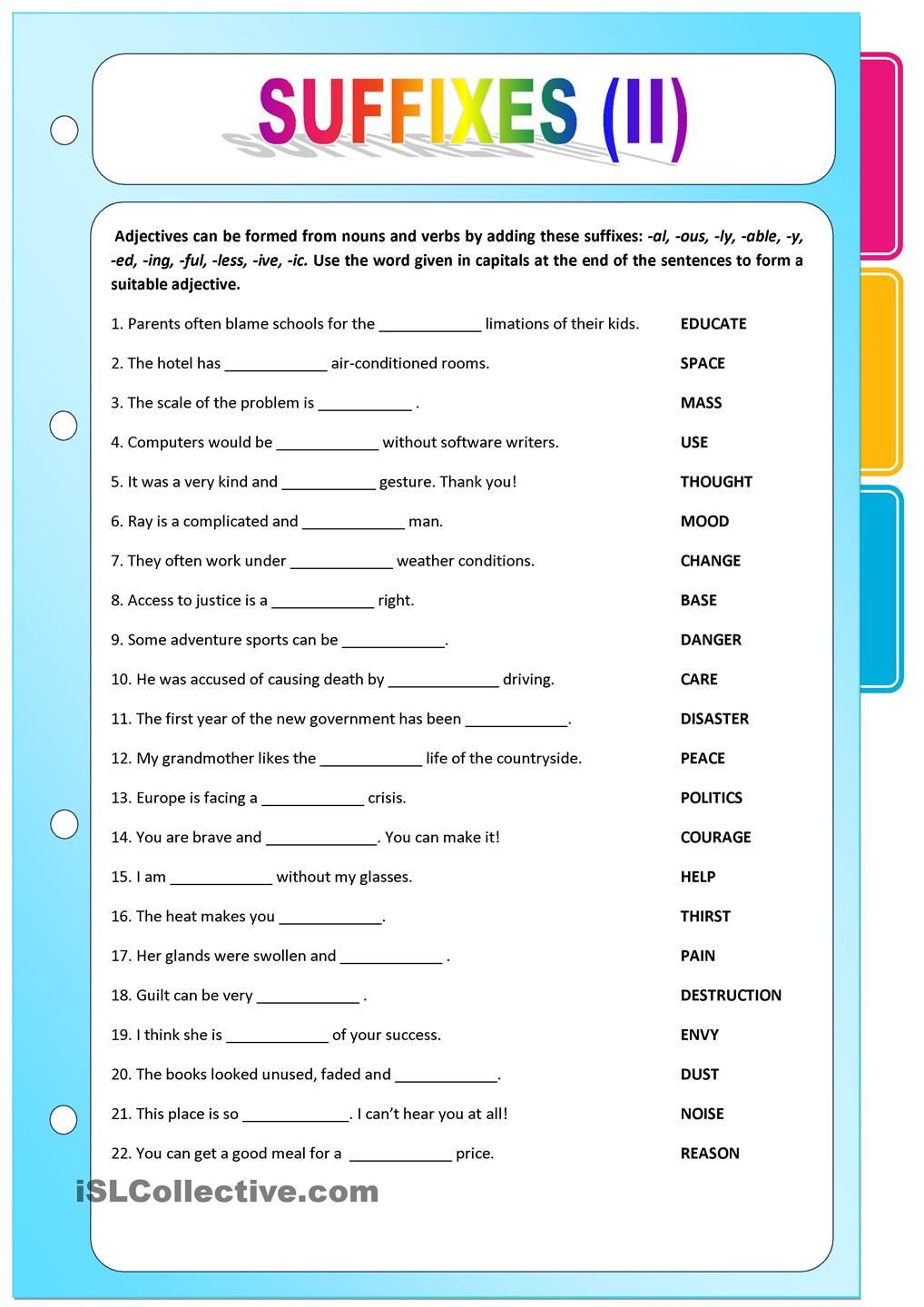 Noun Verb Adjective Worksheet Suffixes 2 Adjectives formed From Nouns and Verbs